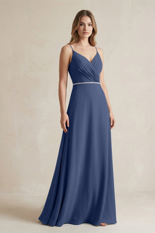 Chiffon A - Line Ruched Cami Strap Bridesmaid Dress in Navy - SHE IS ME Bridesmaid Dresses