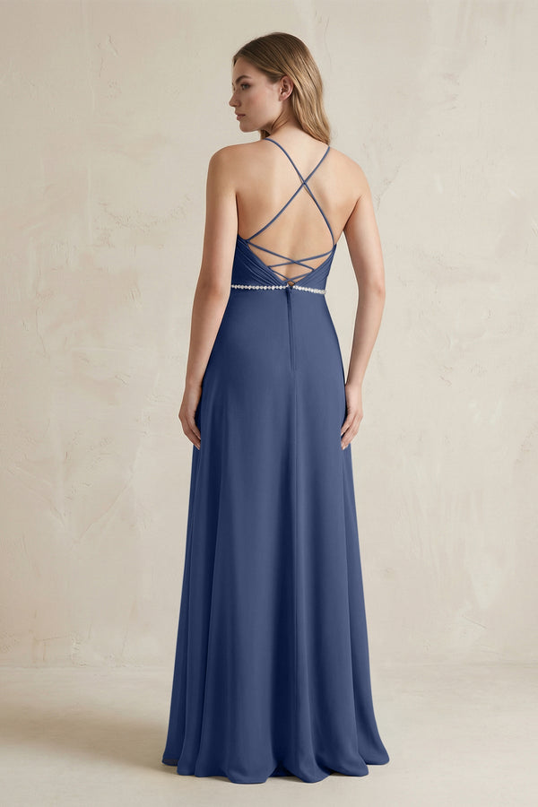 Chiffon A - Line Ruched Cami Strap Bridesmaid Dress in Navy - SHE IS ME Bridesmaid Dresses