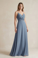 Chiffon A - Line Ruched Cami Strap Bridesmaid Dress in Neptune - KISS BRIDAL Bridesmaid Dresses