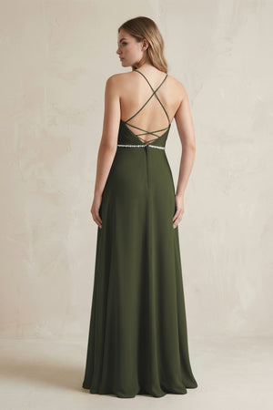 Chiffon A-Line Ruched Cami Strap Bridesmaid Dress  in Olive (2) | KISSBRIDAL