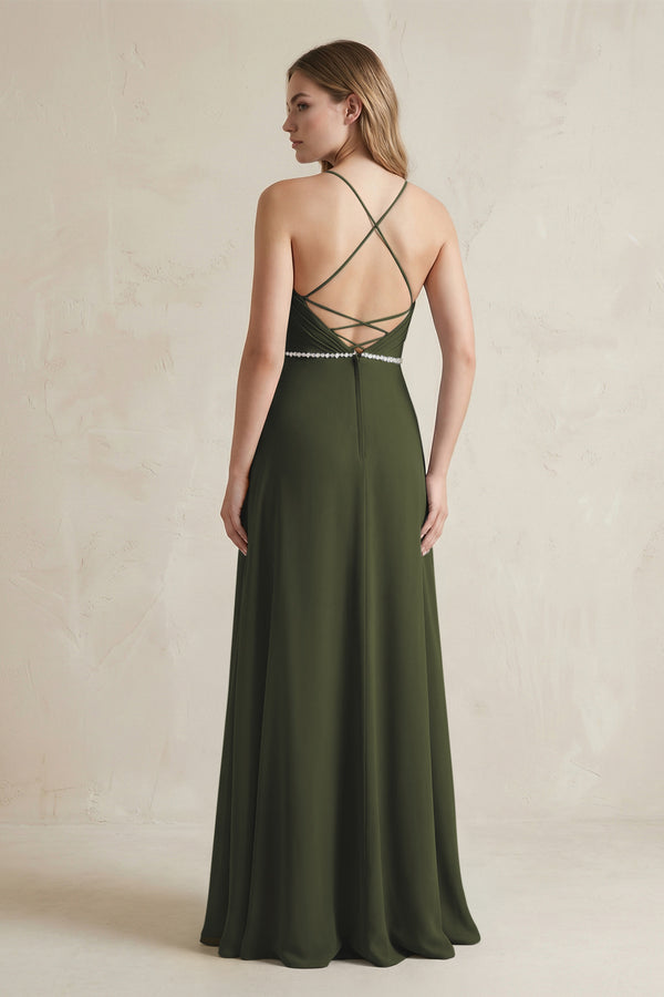 Chiffon A-Line Ruched Cami Strap Bridesmaid Dress  in Olive (2) | KISSBRIDAL