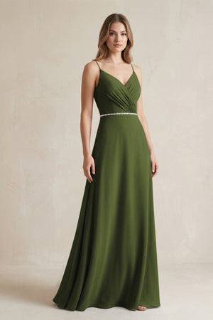 Chiffon A - Line Ruched Cami Strap Bridesmaid Dress in Olive - SHE IS ME Bridesmaid Dresses