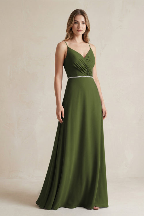 Chiffon A - Line Ruched Cami Strap Bridesmaid Dress in Olive - SHE IS ME Bridesmaid Dresses