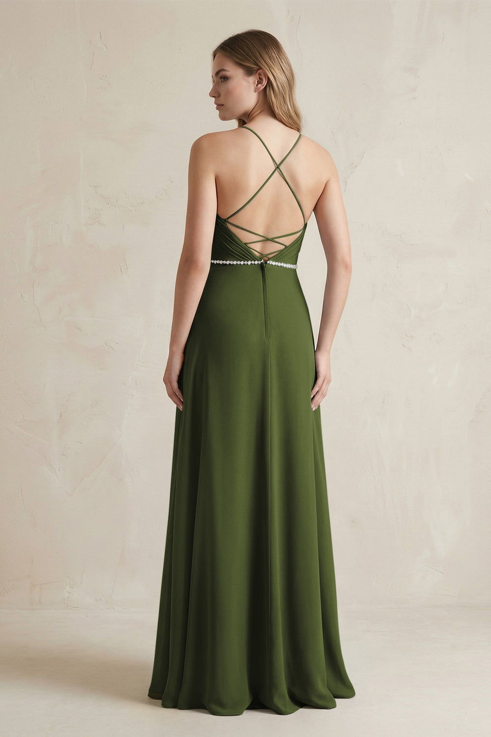 Chiffon A - Line Ruched Cami Strap Bridesmaid Dress in Olive - KISS BRIDAL Bridesmaid Dresses