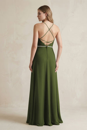 Chiffon A - Line Ruched Cami Strap Bridesmaid Dress in Olive - SHE IS ME Bridesmaid Dresses
