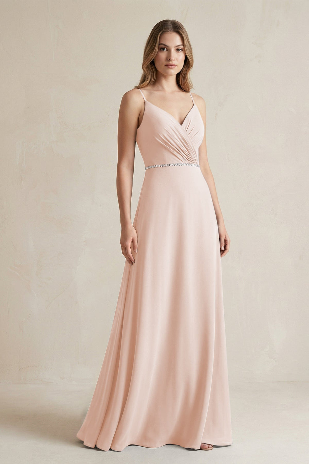 Chiffon A - Line Ruched Cami Strap Bridesmaid Dress in Pale Blush - KISS BRIDAL Bridesmaid Dresses