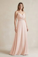 Chiffon A - Line Ruched Cami Strap Bridesmaid Dress in Pale Blush - SHE IS ME Bridesmaid Dresses