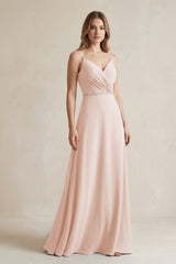 Chiffon A - Line Ruched Cami Strap Bridesmaid Dress in Pale Blush - KISS BRIDAL Bridesmaid Dresses
