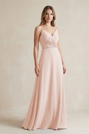Chiffon A - Line Ruched Cami Strap Bridesmaid Dress in Pale Blush - SHE IS ME Bridesmaid Dresses