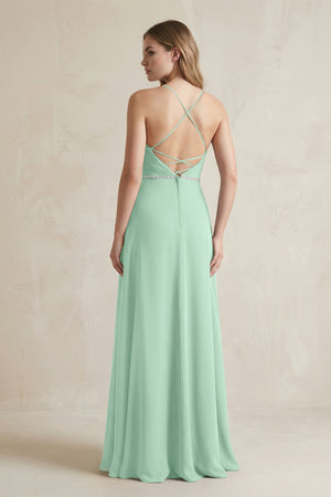 Chiffon A-Line Ruched Cami Strap Bridesmaid Dress  in Pale Pistachio (2) | KISSBRIDAL