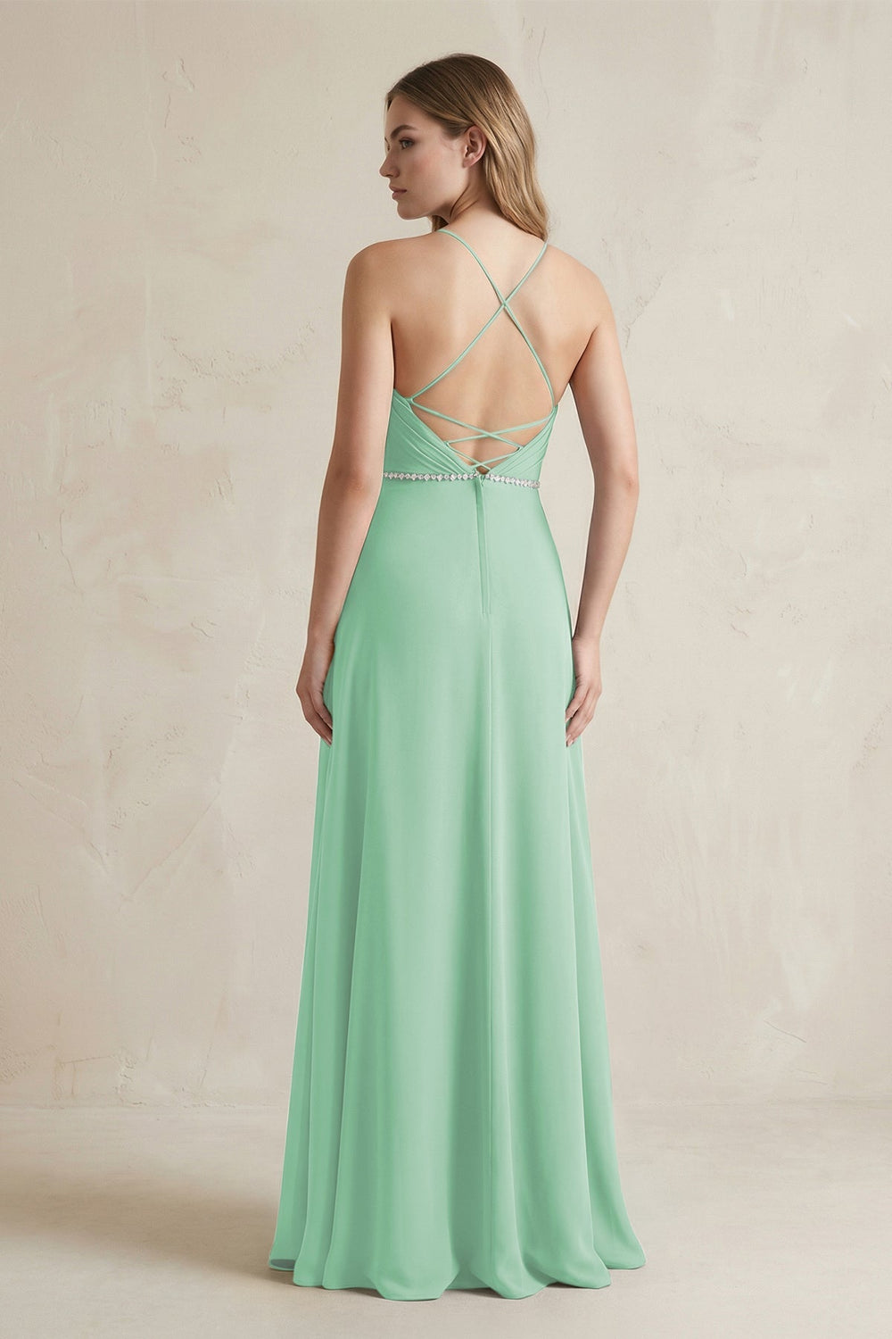 Chiffon A - Line Ruched Cami Strap Bridesmaid Dress in Pale Pistachio - KISS BRIDAL Bridesmaid Dresses