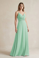 Chiffon A - Line Ruched Cami Strap Bridesmaid Dress in Pale Pistachio - SHE IS ME Bridesmaid Dresses