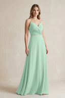Chiffon A-Line Ruched Cami Strap Bridesmaid Dress  in Pale Pistachio | KISSBRIDAL