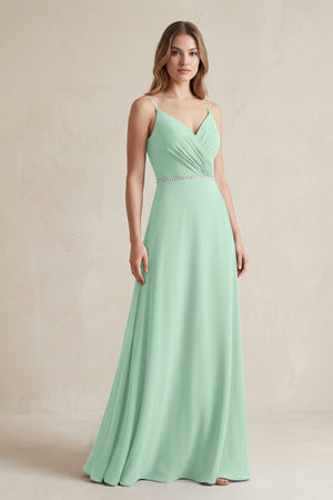 Chiffon A-Line Ruched Cami Strap Bridesmaid Dress  in Pale Pistachio | KISSBRIDAL