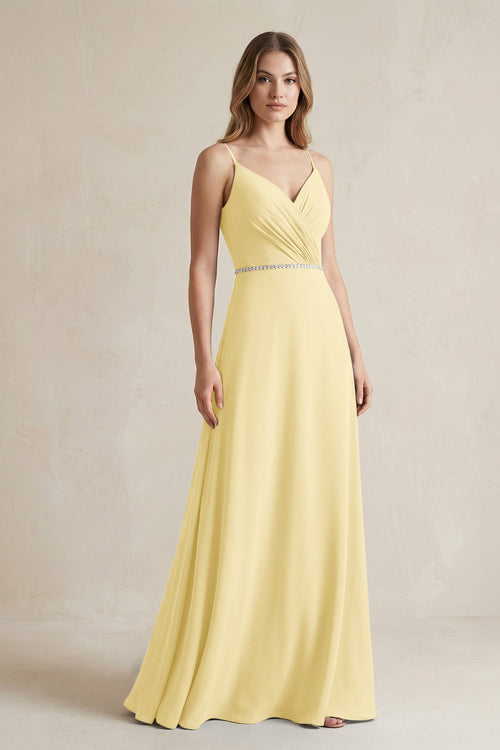 Chiffon A - Line Ruched Cami Strap Bridesmaid Dress in Pastel Yellow - SHE IS ME Bridesmaid Dresses