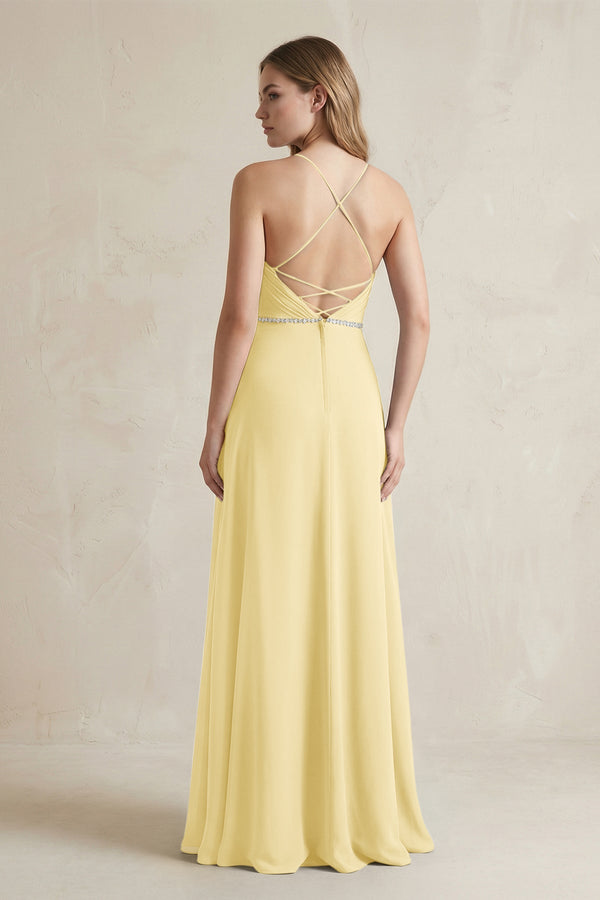 Chiffon A - Line Ruched Cami Strap Bridesmaid Dress in Pastel Yellow - SHE IS ME Bridesmaid Dresses