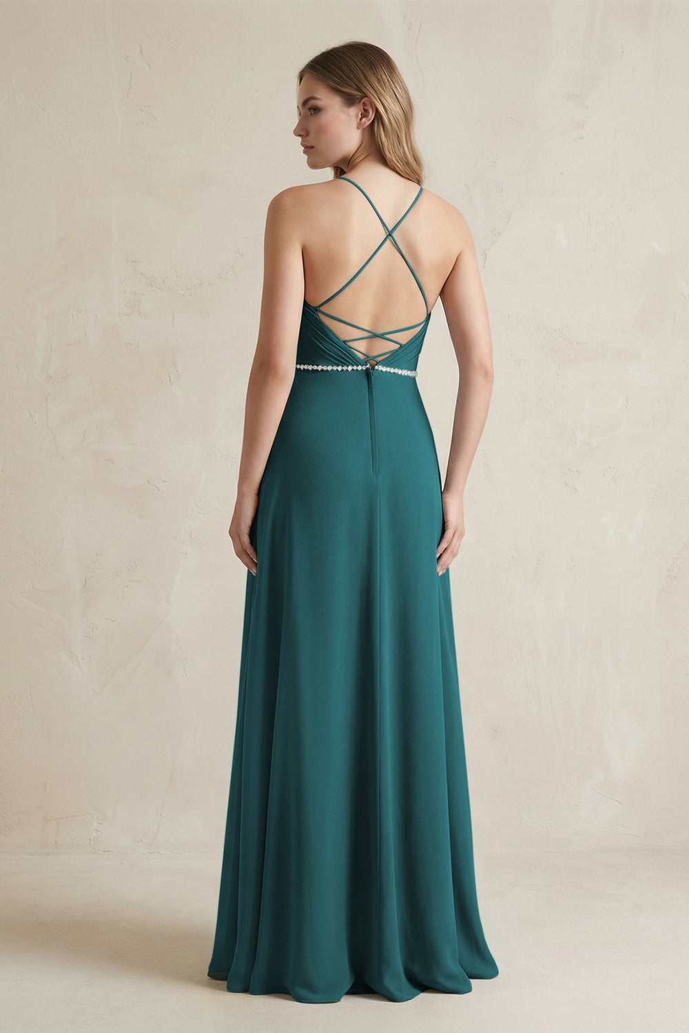 Chiffon A - Line Ruched Cami Strap Bridesmaid Dress in Pine - KISS BRIDAL Bridesmaid Dresses