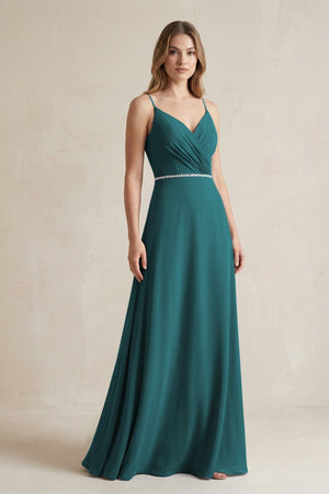 Chiffon A - Line Ruched Cami Strap Bridesmaid Dress in Pine - SHE IS ME Bridesmaid Dresses
