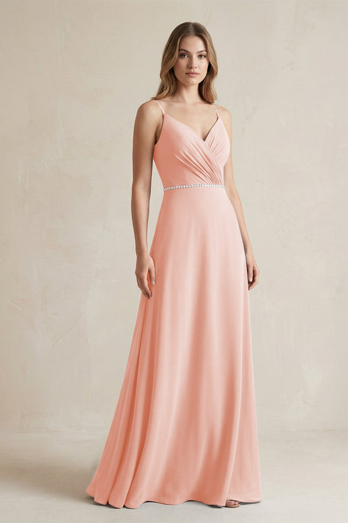 Chiffon A - Line Ruched Cami Strap Bridesmaid Dress in Rose Petal - SHE IS ME Bridesmaid Dresses