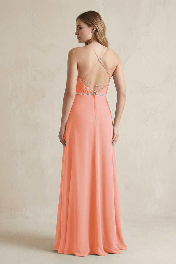 Chiffon A - Line Ruched Cami Strap Bridesmaid Dress in Rosette - SHE IS ME Bridesmaid Dresses