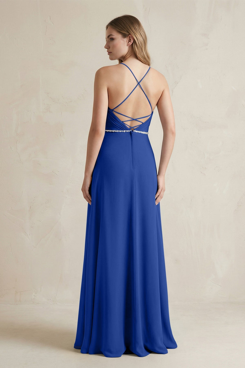 Chiffon A - Line Ruched Cami Strap Bridesmaid Dress in Royal Blue - KISS BRIDAL Bridesmaid Dresses