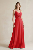 Chiffon A - Line Ruched Cami Strap Bridesmaid Dress in Ruby Red - SHE IS ME Bridesmaid Dresses