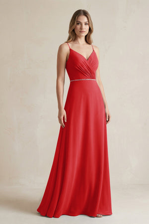 Chiffon A - Line Ruched Cami Strap Bridesmaid Dress in Ruby Red - SHE IS ME Bridesmaid Dresses