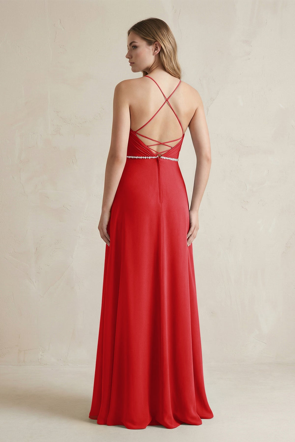 Chiffon A - Line Ruched Cami Strap Bridesmaid Dress in Ruby Red - KISS BRIDAL Bridesmaid Dresses