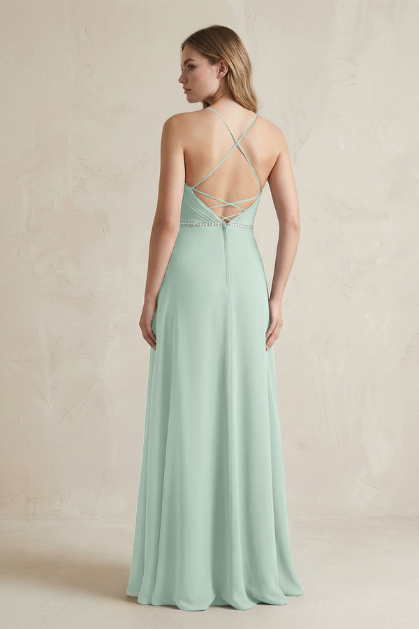 Chiffon A-Line Ruched Cami Strap Bridesmaid Dress  in Sage (2) | KISSBRIDAL
