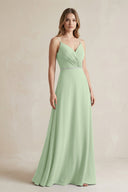 Chiffon A - Line Ruched Cami Strap Bridesmaid Dress in Sage - SHE IS ME Bridesmaid Dresses