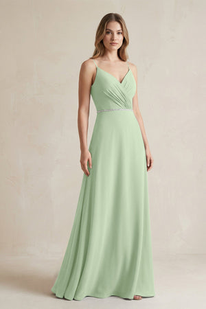 Chiffon A - Line Ruched Cami Strap Bridesmaid Dress in Sage - SHE IS ME Bridesmaid Dresses