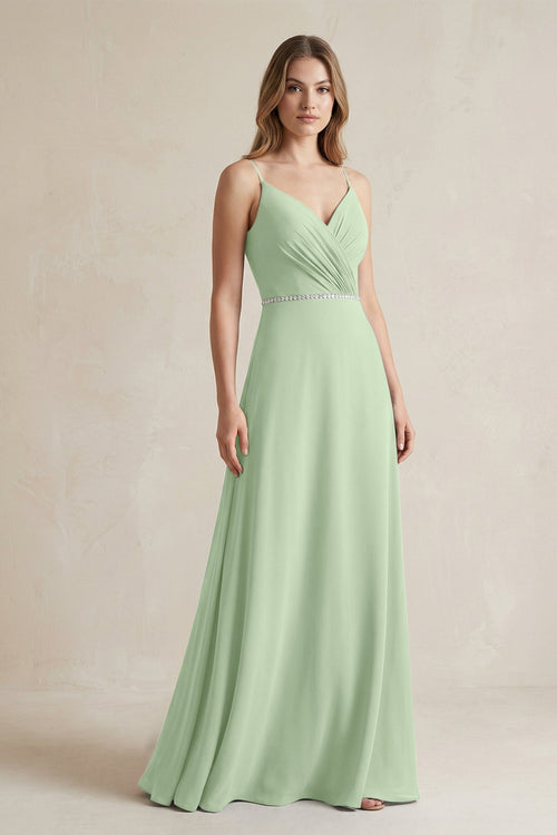 Chiffon A - Line Ruched Cami Strap Bridesmaid Dress in Sage - SHE IS ME Bridesmaid Dresses