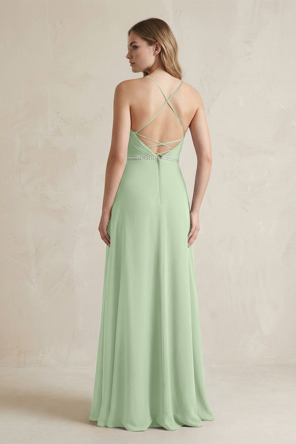 Chiffon A - Line Ruched Cami Strap Bridesmaid Dress in Sage - SHE IS ME Bridesmaid Dresses