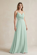 Chiffon A-Line Ruched Cami Strap Bridesmaid Dress  in Sage | KISSBRIDAL
