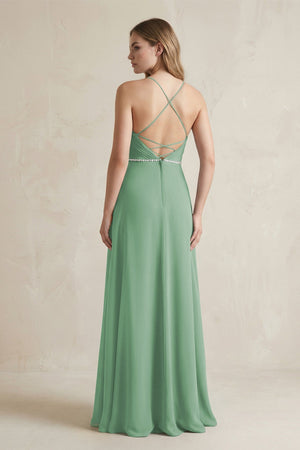 Chiffon A - Line Ruched Cami Strap Bridesmaid Dress in Sea Glass - SHE IS ME Bridesmaid Dresses