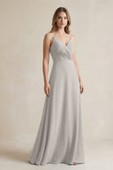 Chiffon A - Line Ruched Cami Strap Bridesmaid Dress in Silver - SHE IS ME Bridesmaid Dresses