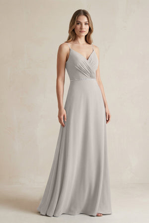 Chiffon A - Line Ruched Cami Strap Bridesmaid Dress in Silver - SHE IS ME Bridesmaid Dresses