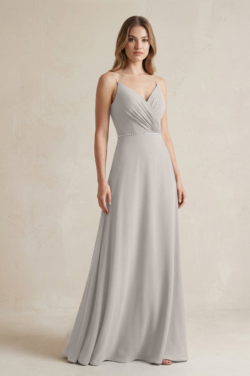 Chiffon A - Line Ruched Cami Strap Bridesmaid Dress in Silver - SHE IS ME Bridesmaid Dresses