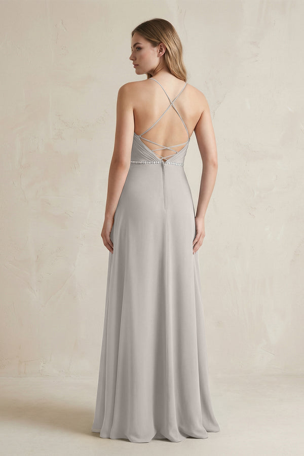 Chiffon A - Line Ruched Cami Strap Bridesmaid Dress in Silver - SHE IS ME Bridesmaid Dresses