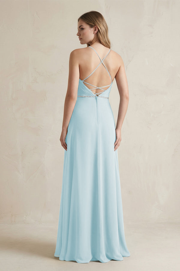 Chiffon A - Line Ruched Cami Strap Bridesmaid Dress in Sky Blue - SHE IS ME Bridesmaid Dresses