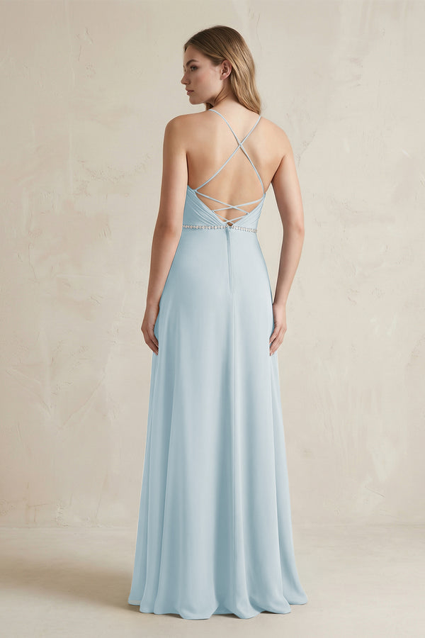 Chiffon A-Line Ruched Cami Strap Bridesmaid Dress  in Sky Blue (2) | KISSBRIDAL