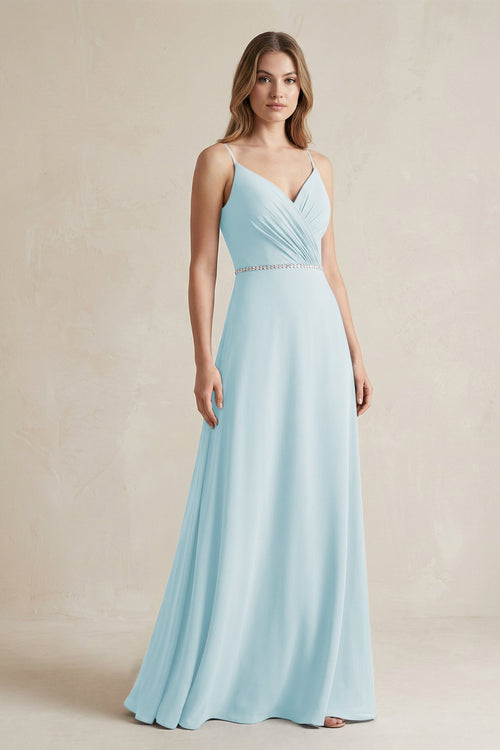 Chiffon A - Line Ruched Cami Strap Bridesmaid Dress in Sky Blue - SHE IS ME Bridesmaid Dresses