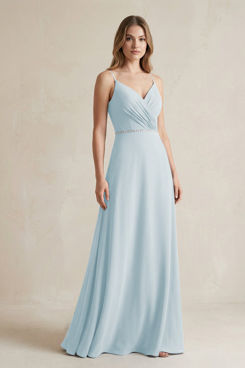 Chiffon A-Line Ruched Cami Strap Bridesmaid Dress  in Sky Blue | KISSBRIDAL