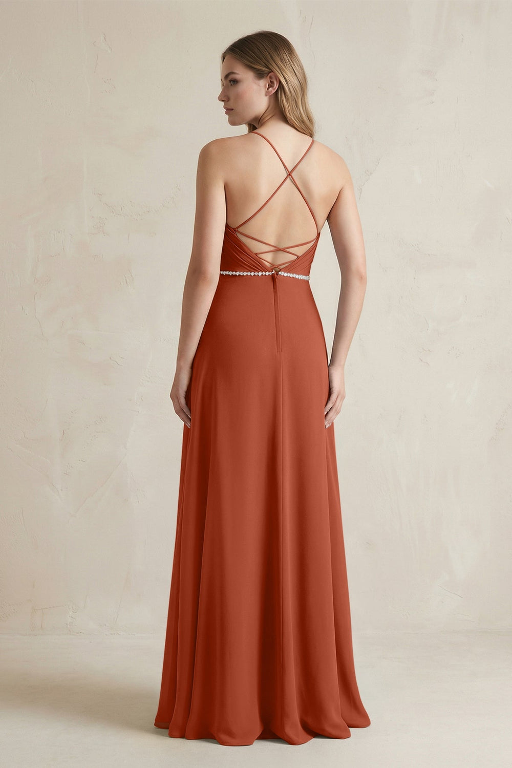 Chiffon A - Line Ruched Cami Strap Bridesmaid Dress in Spice - KISS BRIDAL Bridesmaid Dresses