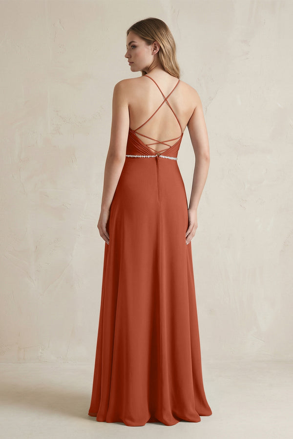 Chiffon A - Line Ruched Cami Strap Bridesmaid Dress in Spice - SHE IS ME Bridesmaid Dresses