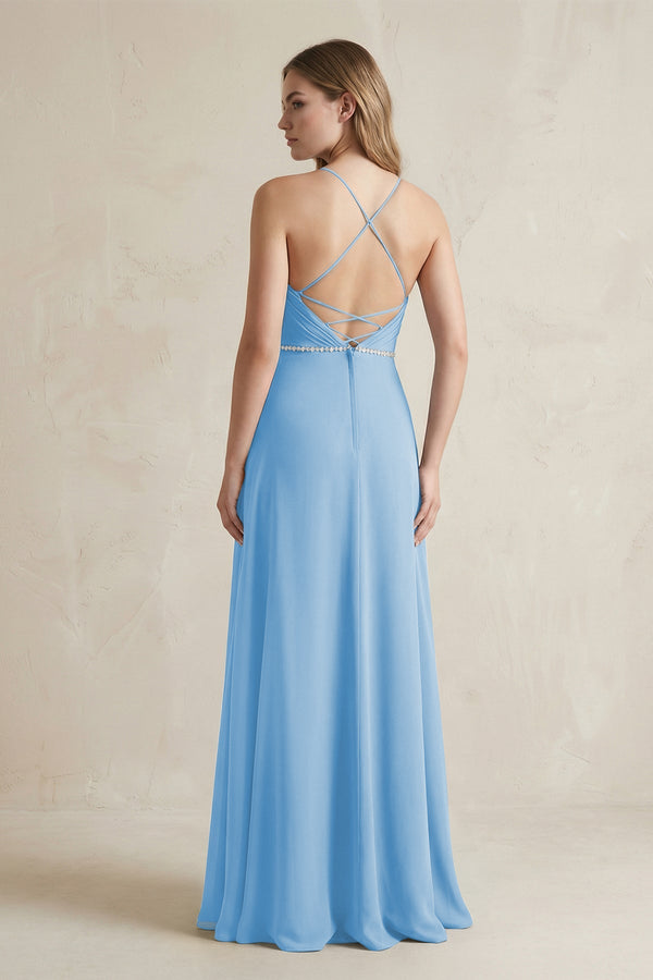 Chiffon A - Line Ruched Cami Strap Bridesmaid Dress in Steel Blue - SHE IS ME Bridesmaid Dresses