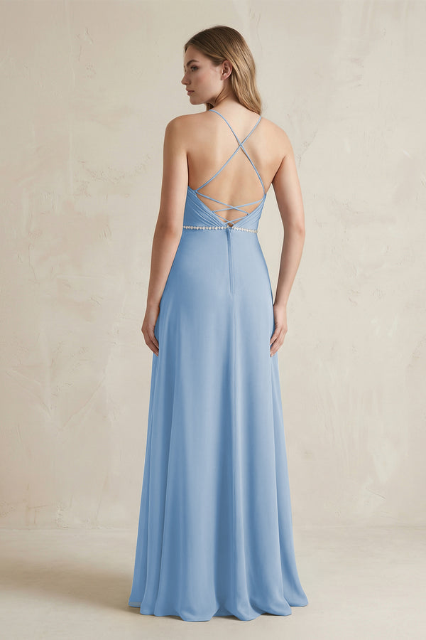 Chiffon A-Line Ruched Cami Strap Bridesmaid Dress  in Steel Blue (2) | KISSBRIDAL