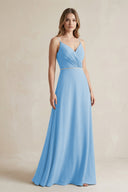 Chiffon A - Line Ruched Cami Strap Bridesmaid Dress in Steel Blue - SHE IS ME Bridesmaid Dresses
