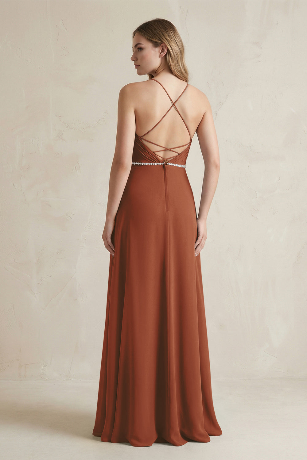 Chiffon A-Line Ruched Cami Strap Bridesmaid Dress  in Terracotta