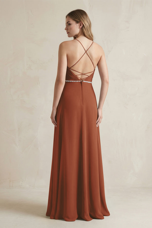 Chiffon A-Line Ruched Cami Strap Bridesmaid Dress  in Terracotta (2) | KISSBRIDAL